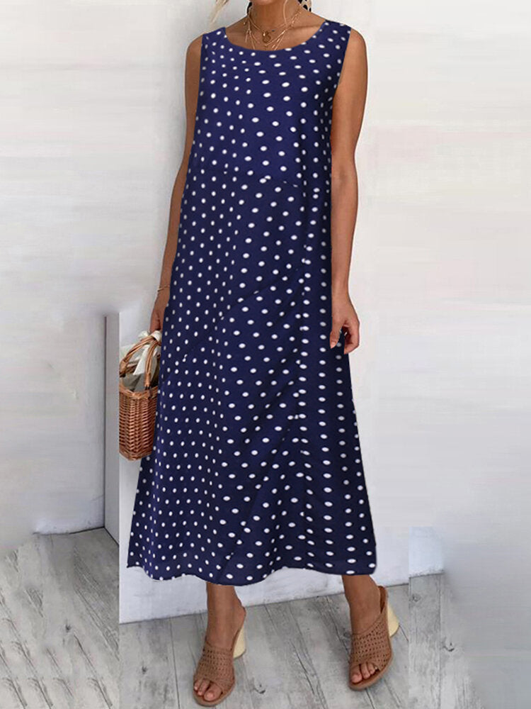 Polka Dot Print O-neck Sleeveless Loose Summer Casual Maxi Dress