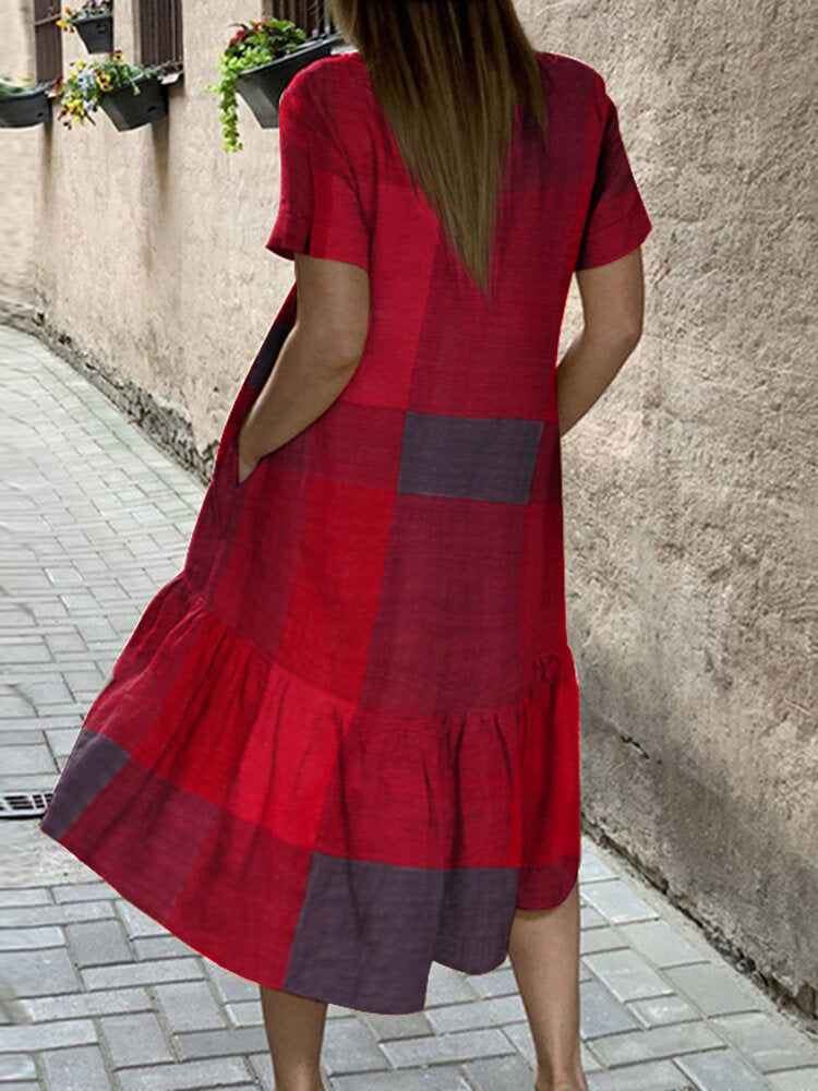 O-Neck Plaid Loose Casual Dress With Side Pockets For Women