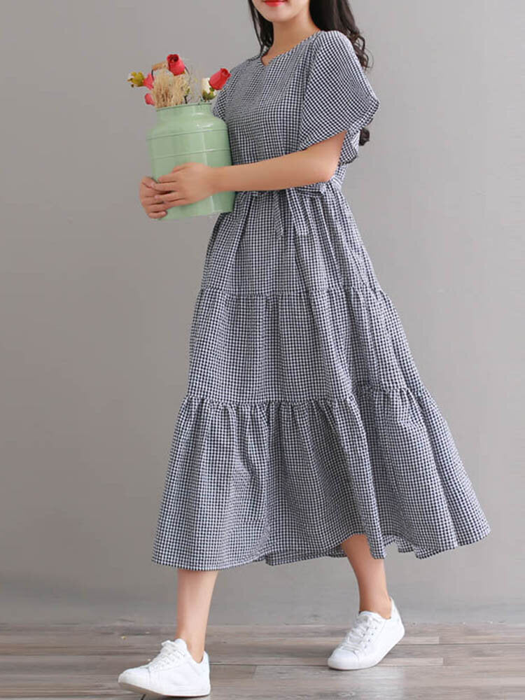 Plaid Knotted Ruffle Round Neck Short Sleeve Casual Maxi Dress