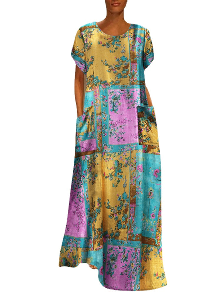 Women Abstract Print Short Sleeve Vintage Maxi Dress