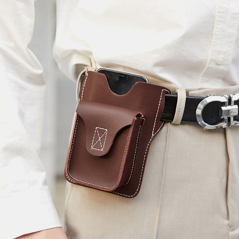 Men PU Leather Flap-Over Cigaret Box Waist Bag Casual 5.5 Inch Phone Bag Belt