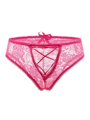 Women Floral Lace See Through Open Crotch Bowknot Ribbon Soft Panties