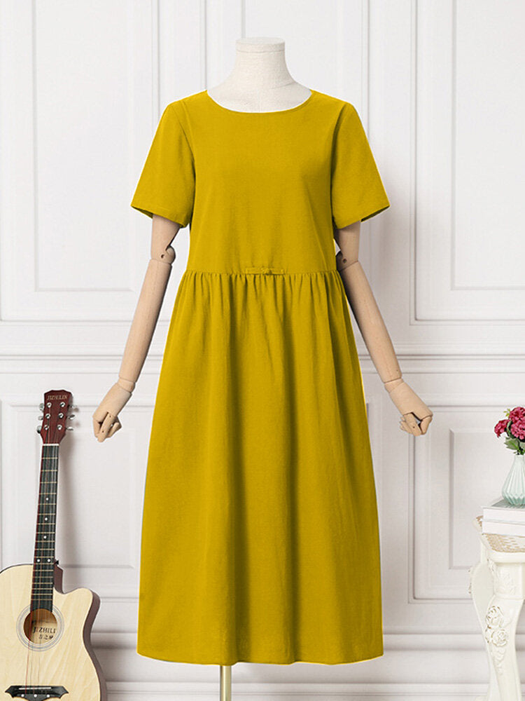 Solid Ruched Round Neck Short Sleeve Casual Cotton Midi Dress