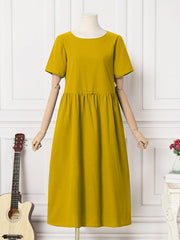 Solid Ruched Round Neck Short Sleeve Casual Cotton Midi Dress