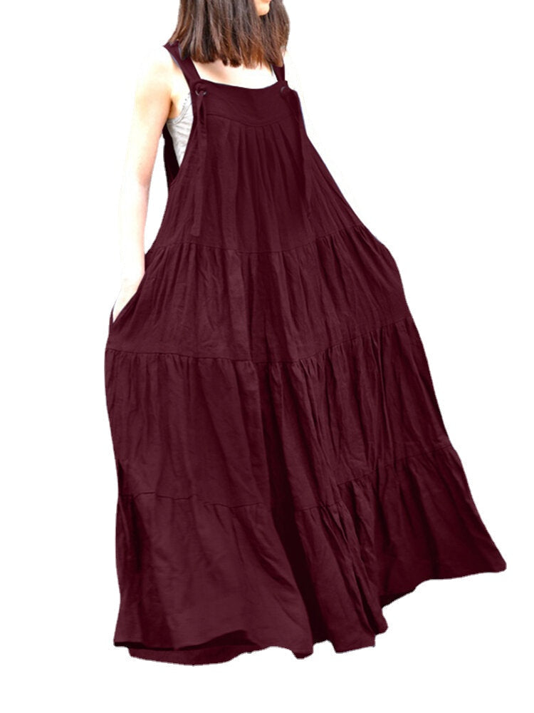 Solid Pleated Pocket Ruffle Knotted Casual Maxi Dress