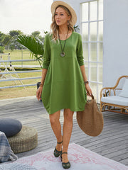 Women Solid Color Stitching V-Neck Casual Long Sleeve Mini Dresses