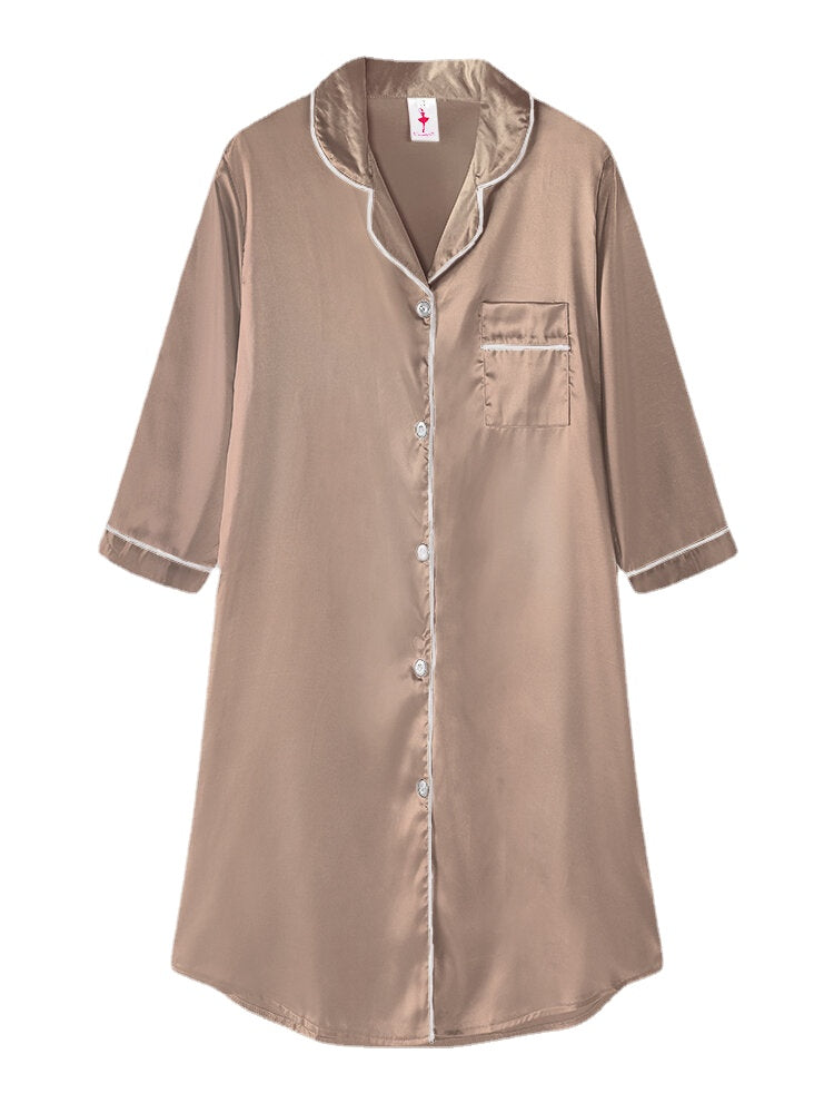 Women Ice Silk Chest Pocket 3/4 Sleeve Shirt Cozy Nightdress With Contrast Binding