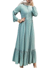 Women Retro Polka Dot Print Pleated Ruffled Hem Side Zipper Button Vintage Maxi Dress