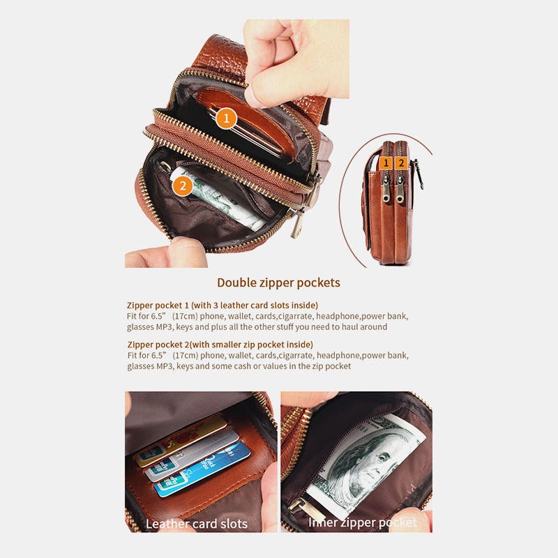 Men Genuine Leather Casual Multifunctional Phone Bag Waist For Outdoor