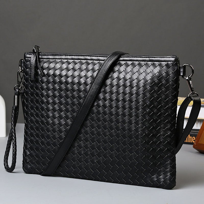 Unisex Faux Leather Woven Pattern Solid Color Business A4 Paper File Bag Envelope Clutch