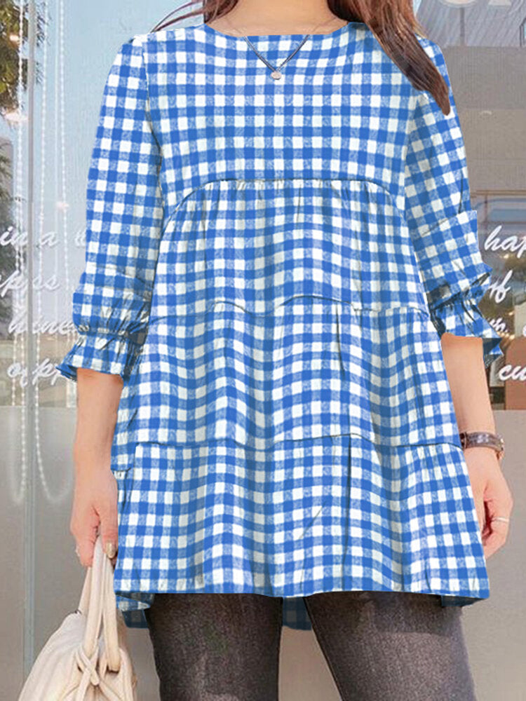 Women Puff Sleeve O-Neck Spliced Plaid Casual Loose Blouse