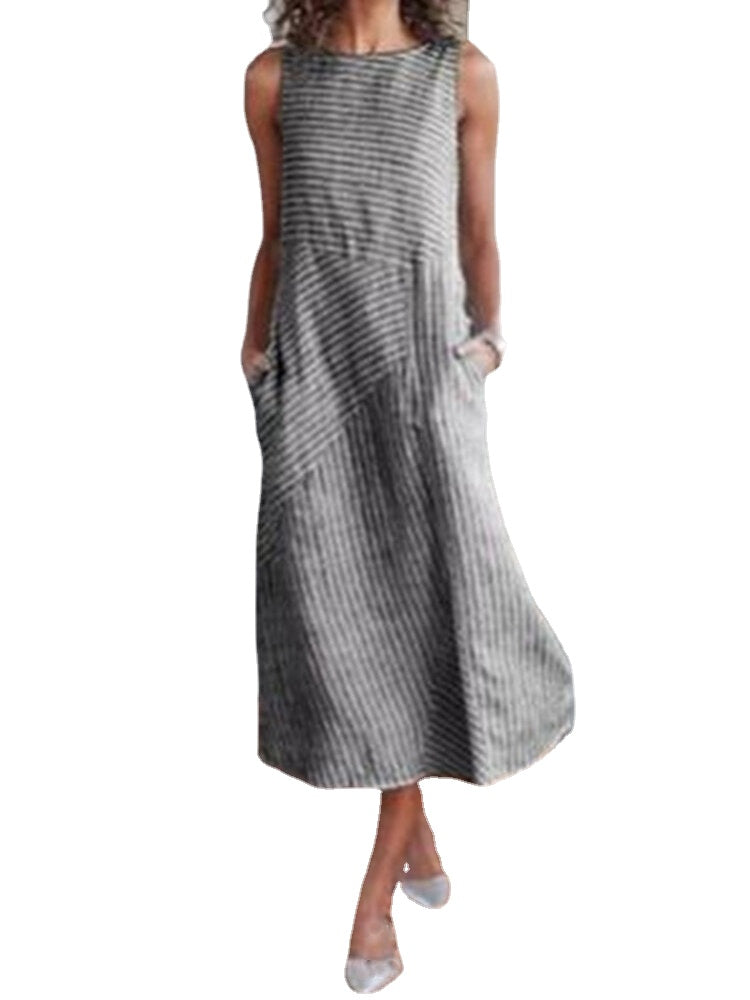 Women Casual Sleeveless Striped Maxi Dress with Pockets