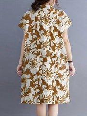 Plant Print Lapel Button Pocket Casual Midi Print Dress