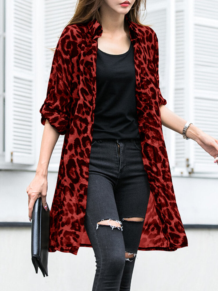 Long Sleeve Thin Light Chiffon Leopard Leisure Cardigan For Women