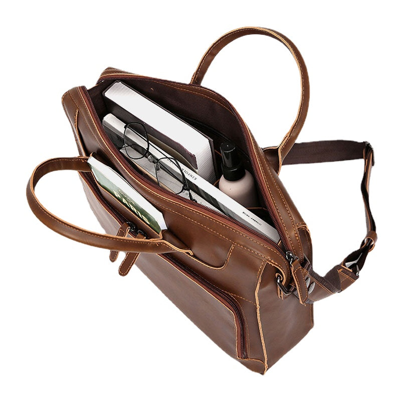 Men Horizontal Multi-pocket Multi-compartment Briefcase Vintage PU Leather 14 Inch Laptop Bag Crossbody Bag Shoulder Bag Handbag