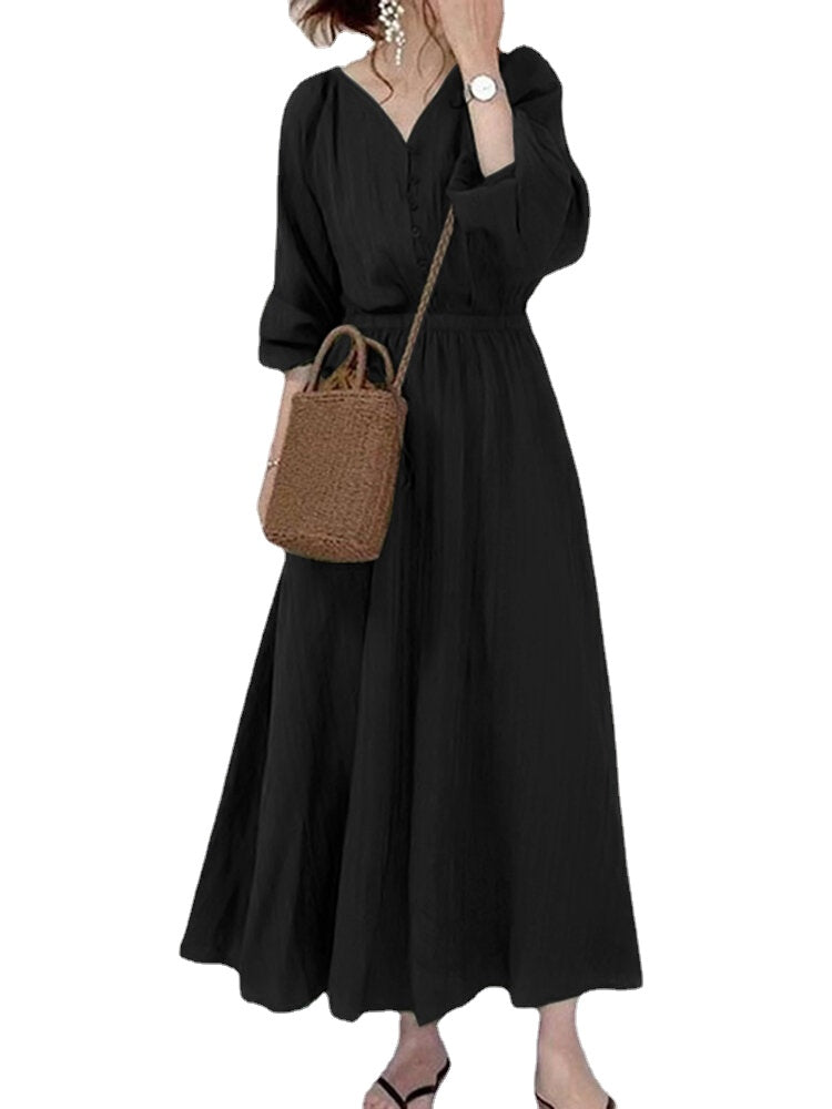 Solid Button Elastic Waist V Neck Casual Maxi Dress