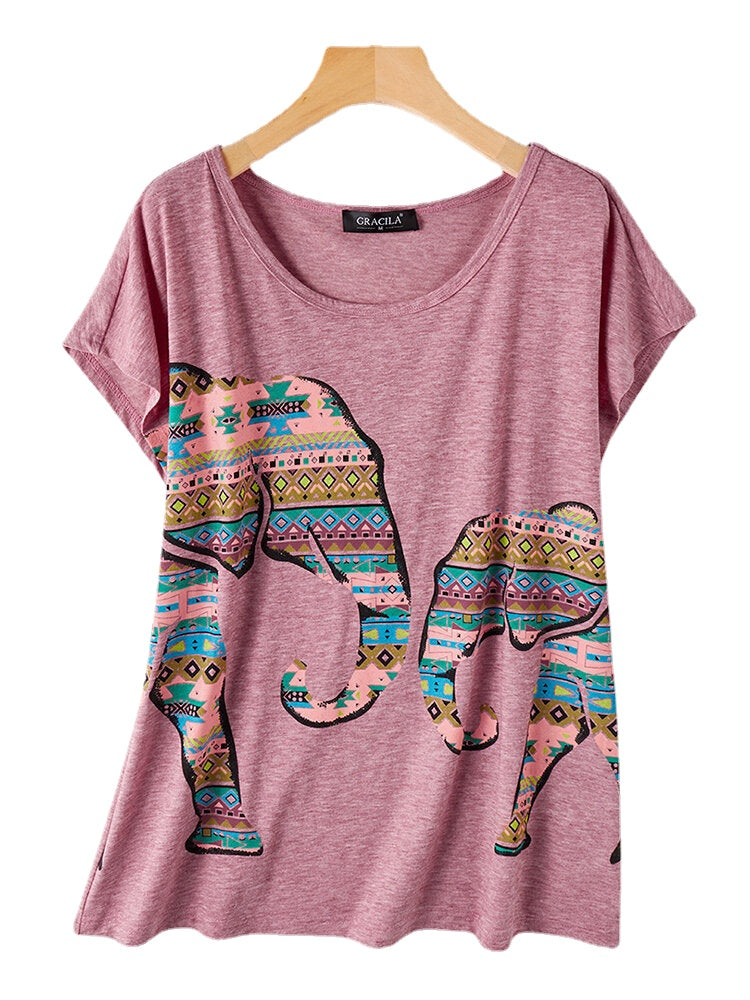 Elephant Print O-neck Short Sleeve Women Casual T-shirts