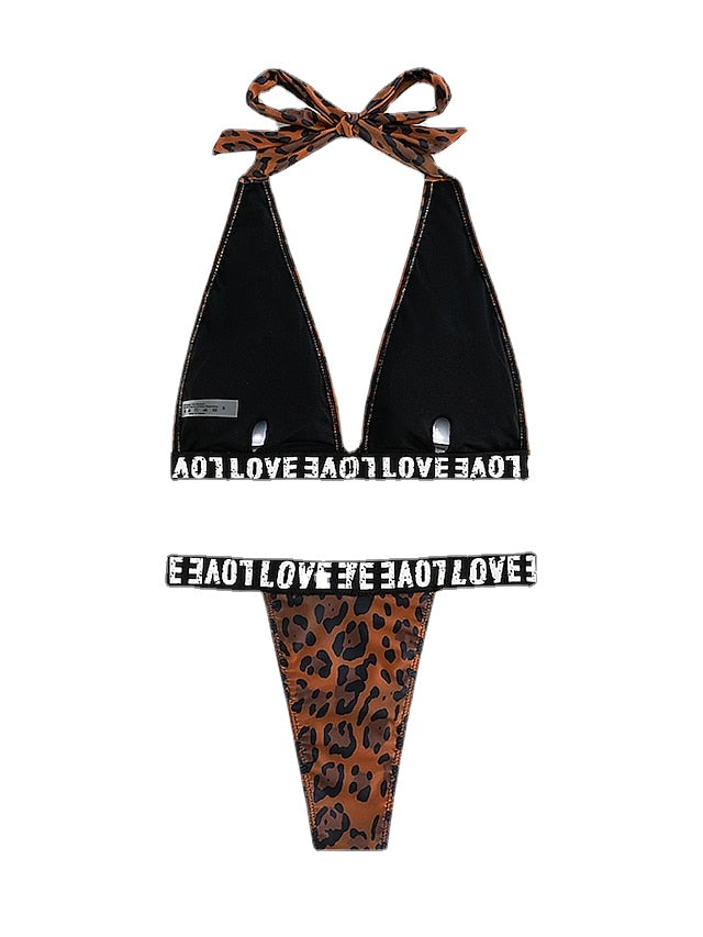 Women's Swimwear Bikini 2 Piece Normal Swimsuit Backless Printing Leopard Letter Brown Halter V Wire Bathing Suits New Vacation Fashion