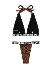 Women's Swimwear Bikini 2 Piece Normal Swimsuit Backless Printing Leopard Letter Brown Halter V Wire Bathing Suits New Vacation Fashion