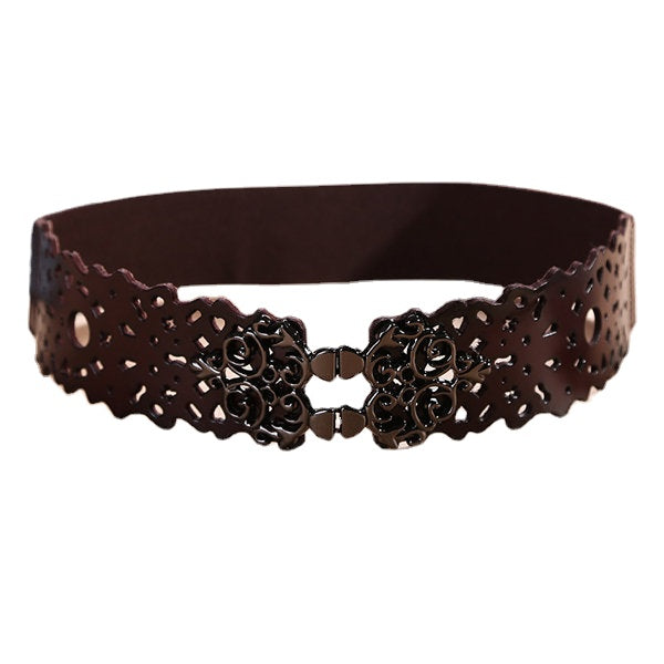 Women First Layer Leather Hollow Belts Elastic Stretchable Metal Button Waistband