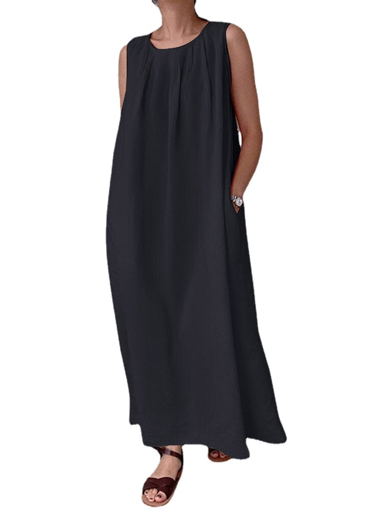 Solid Pocket Cotton Ruched Round Neck Sleeveless Maxi Dress