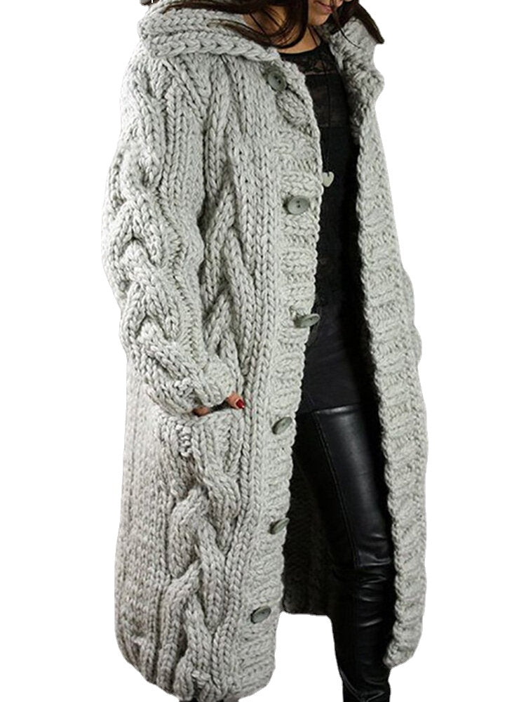 Women Solid Color Jacquard Knitted Mid-Length Hooded Cardigan With Pocket