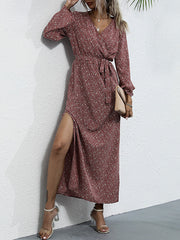 Women Ethnic Style Print Long Sleeve Side Split Casual Maxi Dresses