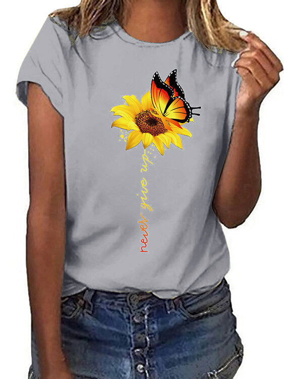 Sunflower And Butterfly Print Crew Neck Short Sleeves Casual Tee