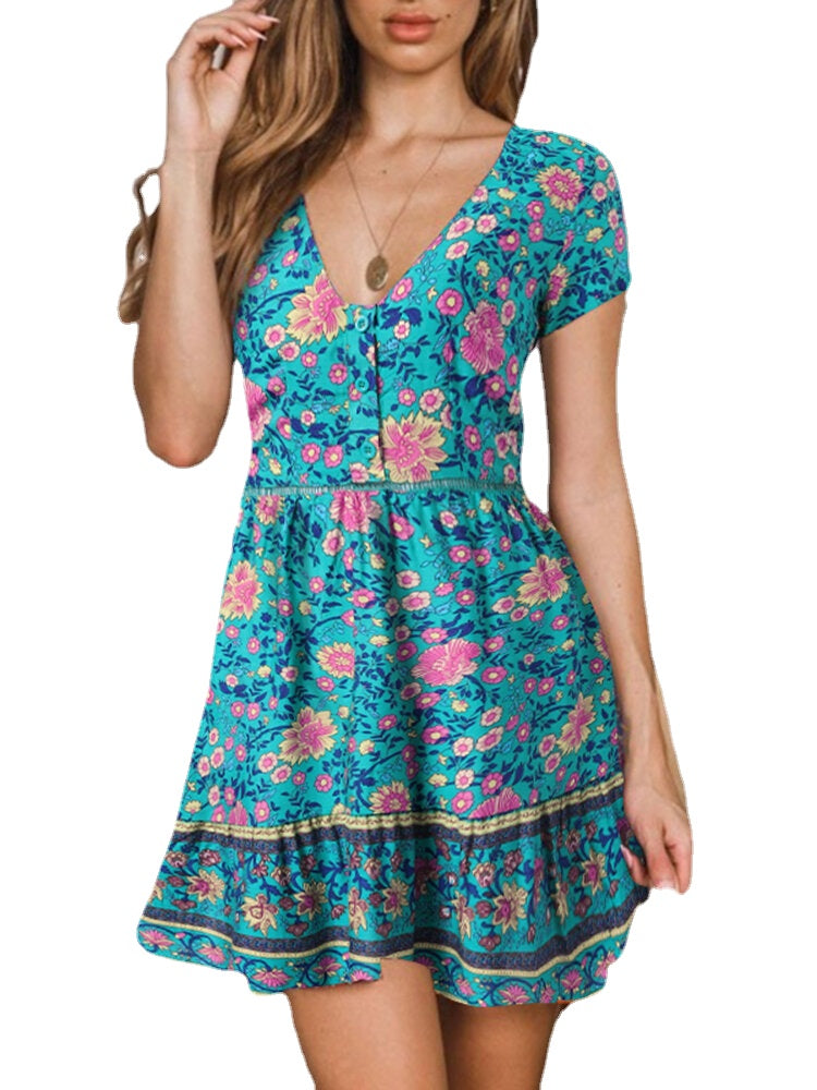 Ethnic Print Patchwork V Neck Zip Button Print Dress