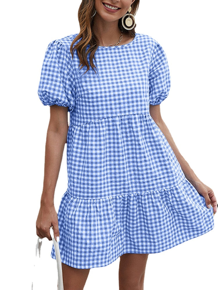 Women Plaid Puff Sleeve O-Neck Casual Mini Dress