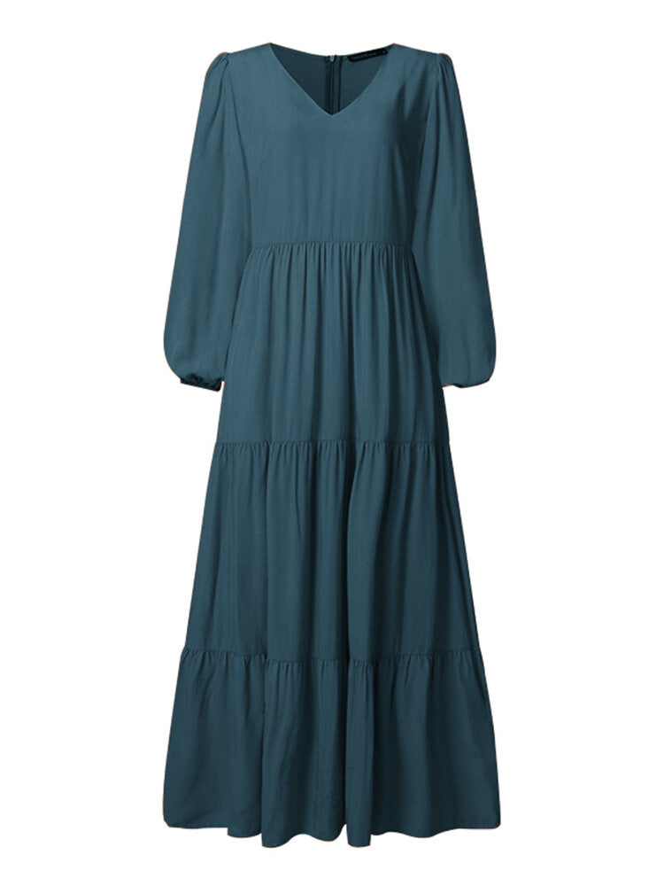 Women Retro Solid Color Back Zipper Puff Sleeve Loose Casual Maxi Dress