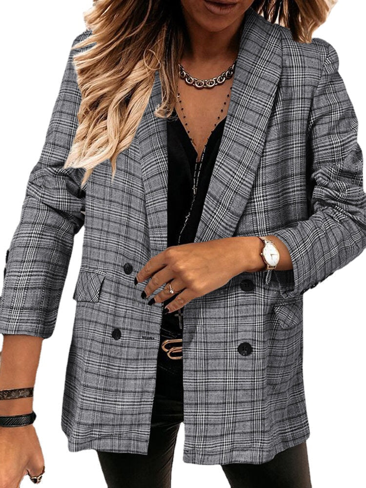 Women Plaid Double Breasted Lapel Casual Long Sleeve Thin Blazers