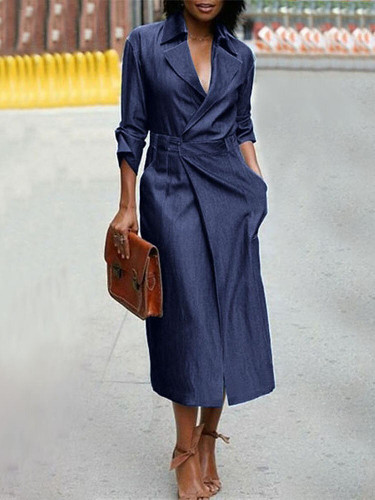 Women Denim Nine Points Sleeve Lapel Regular Fit Midi Dress With Pocket