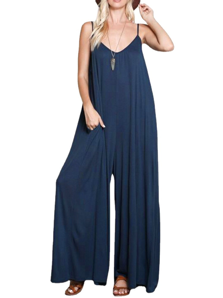 Women Spaghetti Strap Loose Overalls Wide Leg Jumpsuit
