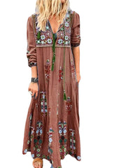 Bohemian Casual Patchwork V Neck Floral Embroidery Maxi Dress