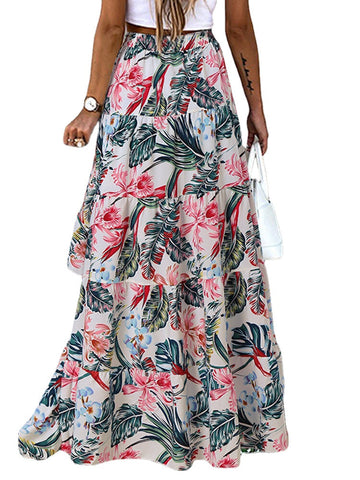 Elastic Waist Spliced Floral Pleats Summer Skirts For Women