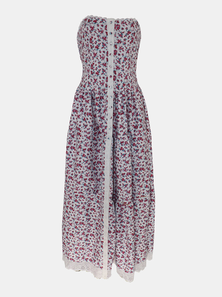 Women Floral Print Button Up Sleeveless Slim Bandeau Maxi Dresses