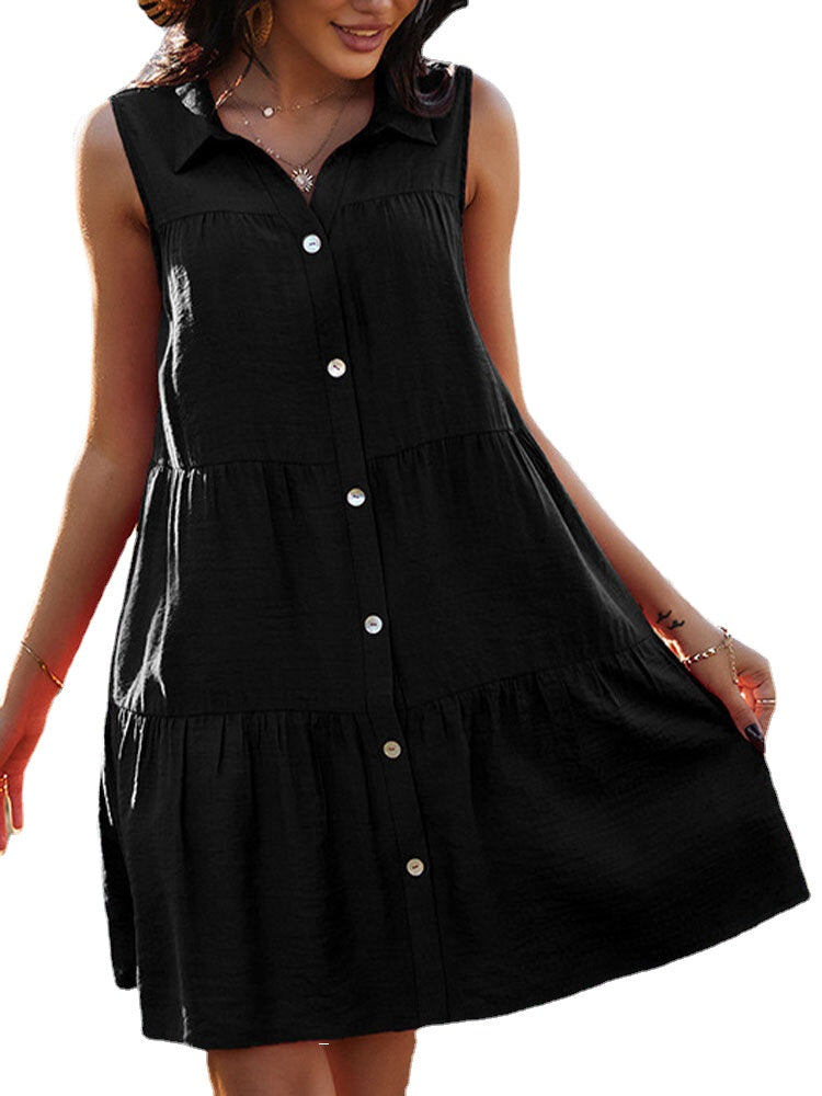 Solid Color Lapel Sleeveless Button Loose Casual Dress For Women