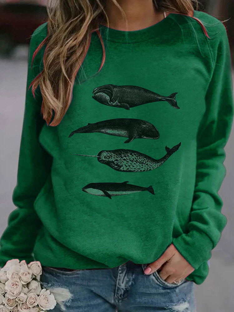 Women Fish Printing Round Neck Casual Raglan Sleeve Sweatshirts