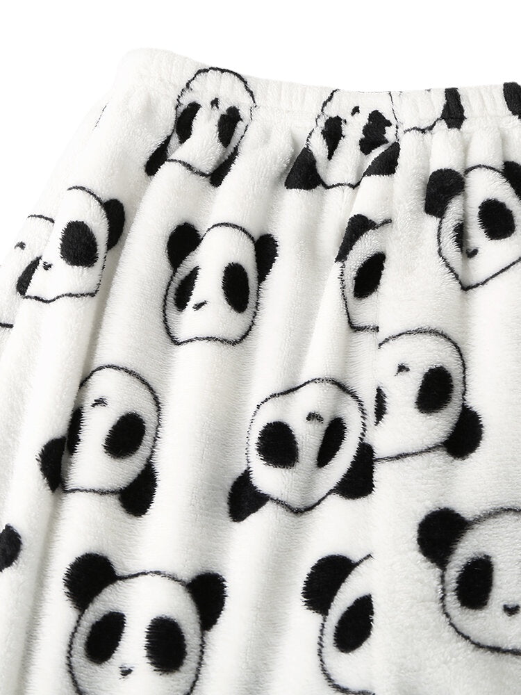 Women All Over Cartoon Panda Long Sleeve Plush Warm Home Pajama Set