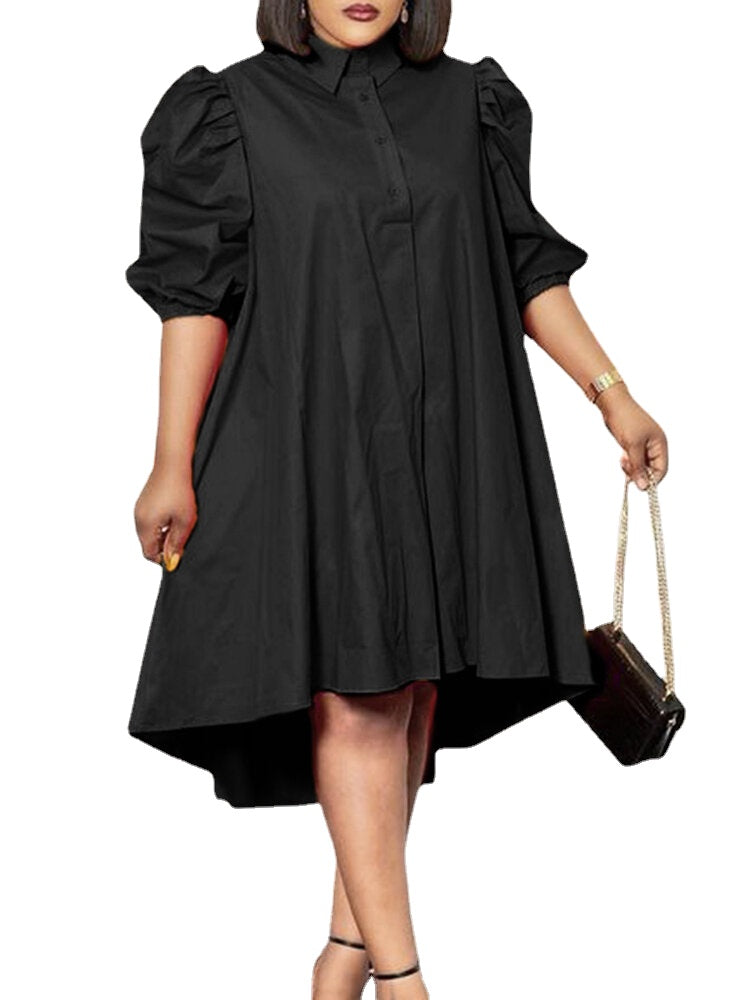 Lapel Solid Leisure Casual Puff Sleeve Dress For Women