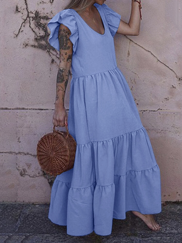 Women Solid Color Ruffles Sleeve Bohemian Casual U-Neck Layered Tiered Dress