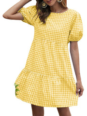 Women Plaid Puff Sleeve O-Neck Casual Mini Dress