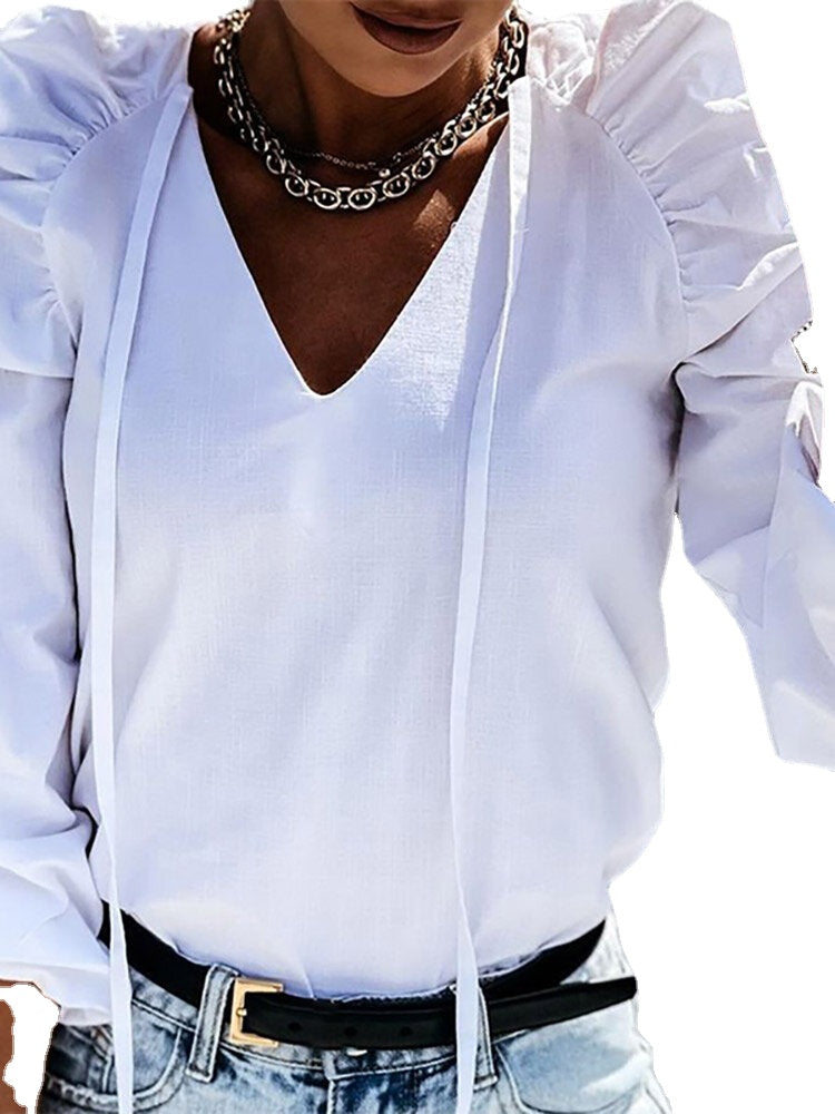 Solid Ruched Knotted Puff Long Sleeve V-neck Blouse