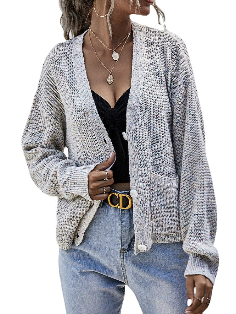 Women Solid V-Neck Button Up Knitted Casual Double Pockets Cardigan Sweater