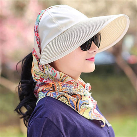 Womens Summer Outdoor Sun Protective Empty Top Beach Hat Wide Brim Anti-UV Gardening Visor Cap