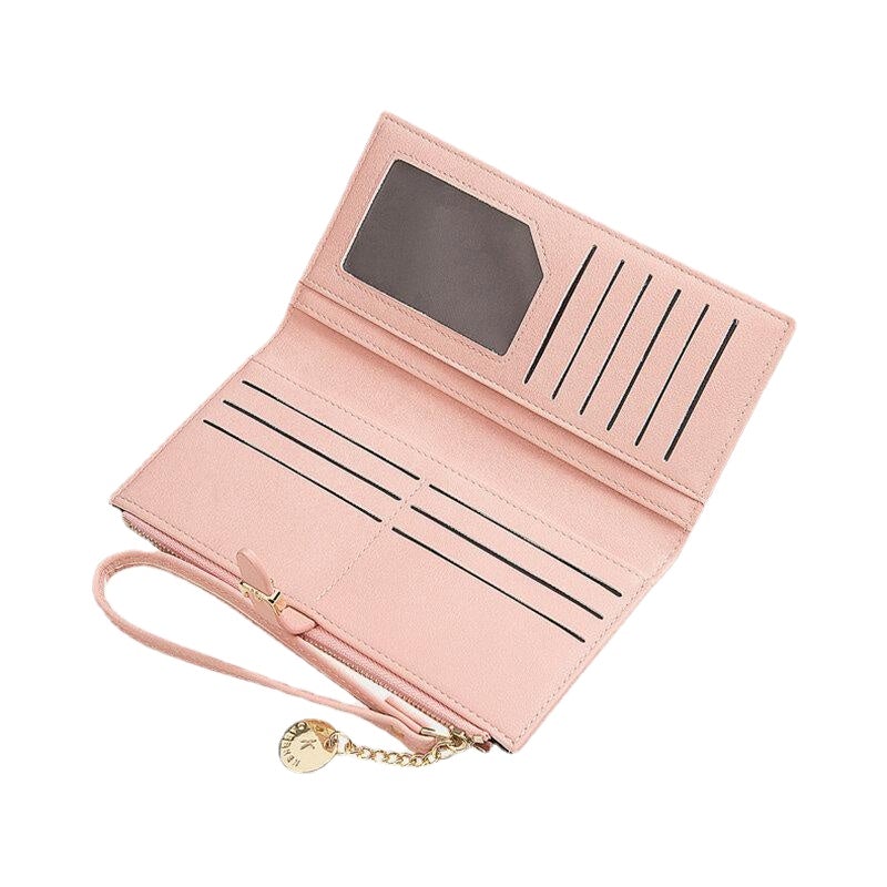 Women PU Leather Thin Solid Color Bifold Long Purse Card Holder Wallet