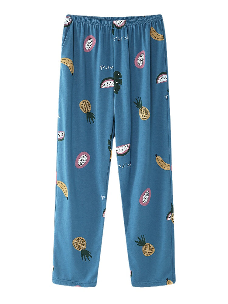 Women Cartoon Fruit Print O-Neck Loose Pants Cotton Comfy Plus Size Home Pajamas Sets