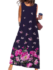 Women's Sleeveless Print Crew Neck Daily Comfort Long Dress