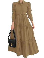 Women Solid Color Puff Sleeve Loose Layered Pleated Lapel Maxi Dress